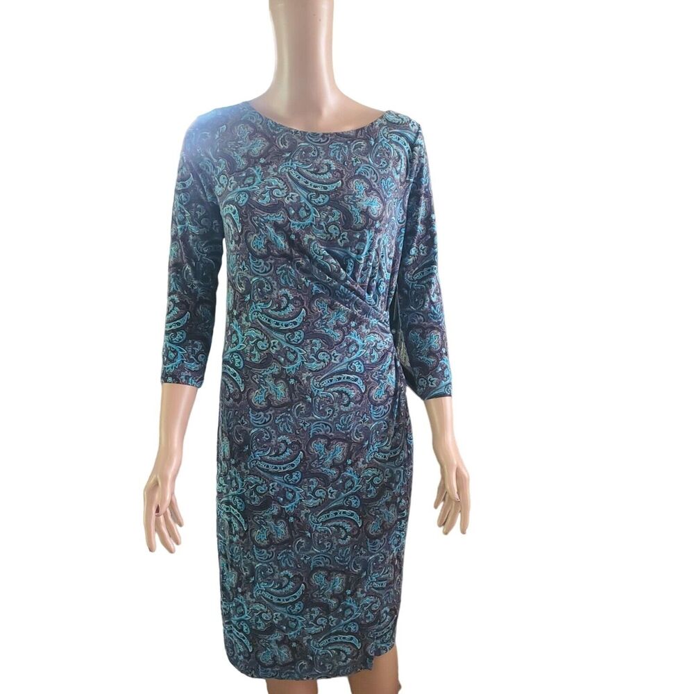 Talbots Blue Paisley Faux Wrap Ruched Midi Dress 3/4 Sleeve Size S Modest Office